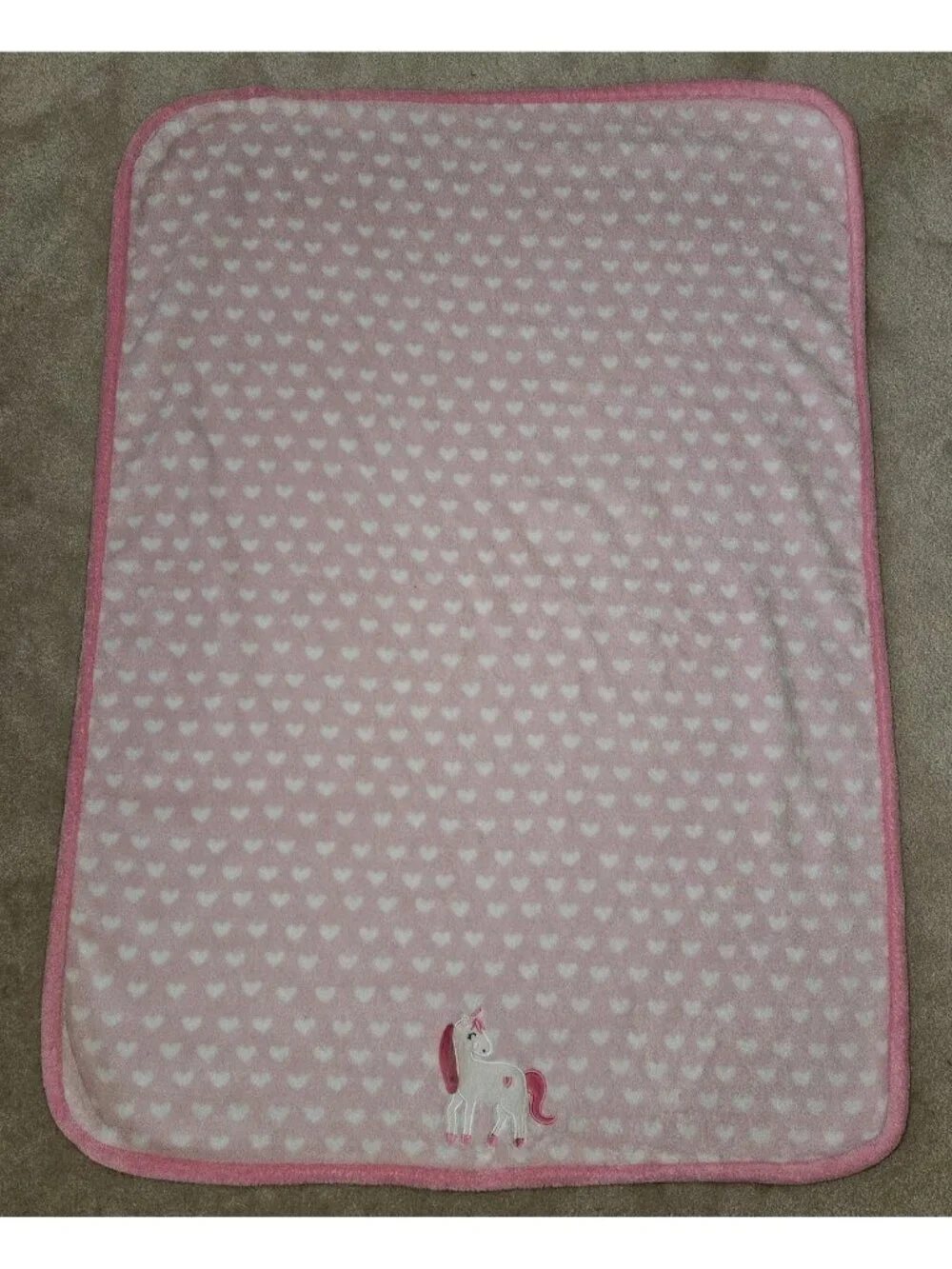 Parent's Choice Pink Fleece Baby Blanket Unicorn White Hearts 30x40